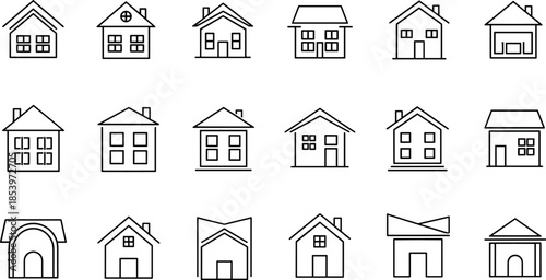 Minimal house and home icon set with outline style buildings for real estate, architecture, property websites, apps, maps, and user interface design
