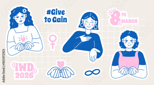 Hand-drawn vector stickers set with women characters and feminist symbols for International Women’s Day. Give to Gain 2026 campaign concept.