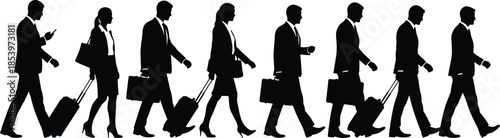 Business people silhouette walking with luggage and briefcases, corporate professionals travel concept, commuting executives and office workers illustration isolated on white background