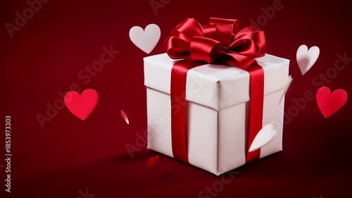 White gift box with red bow and white and red hearts, on red background with copy space