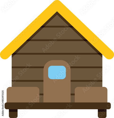 Simple flat design of a small wooden bungalow with yellow roof, perfect for representing vacation rentals, countryside living, or tiny homes