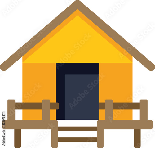 Simple yellow wooden cabin with porch and railing, isolated on white background, representing concepts like housing, vacation, and rural life