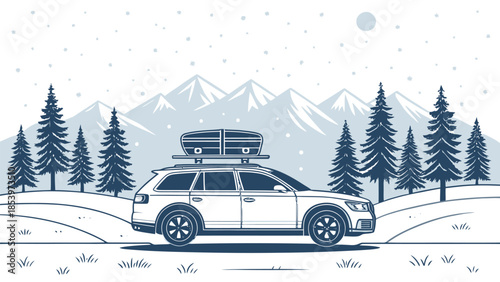 Family road trip adventure in snowy mountains with SUV