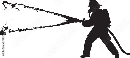 Firefighter silhouette spraying water from hose fireman