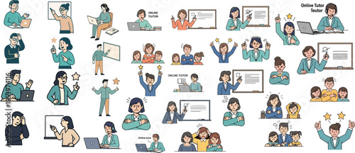 Teacher and Tutor Character Pack – Classroom and Online Teaching Scenes Flat Vector Illustration
