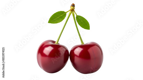 two natural dark red cherry fruits, isolated on white or transparent background. PNG