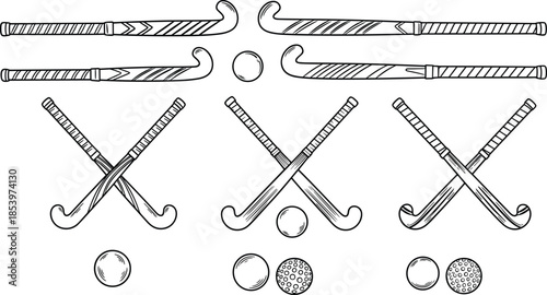 Baseball equipment silhouette collection, crossed bats and balls set, vintage sports icons, black vector illustrations isolated white background