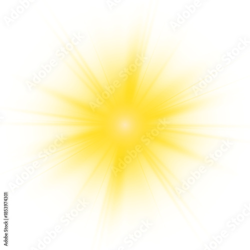 Png star light combining yellow golden sunlight rays and sun energy. Soft sparkle blends with sharp sparks around the starburst. Expressive glowing light on white background. Vector illustration. 