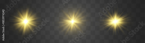 Glowing golden star, vector light rays shining brightly. Sunlight sparkles create a magical atmosphere. Starburst effects add extra shine on transparent background.
