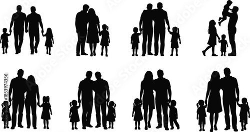 Black family silhouette set showing parents and children together, happy family groups, people icons isolated on white background