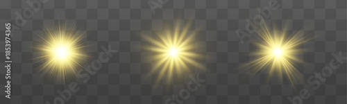 Glowing golden star, vector light rays shining brightly. Sunlight sparkles create a magical atmosphere. Starburst effects add extra shine on transparent background.