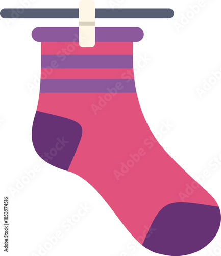 Clean pink and purple striped sock hanging on a gray clothesline with a clothespin