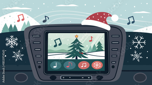 Festive holiday music playlist on car stereo screen