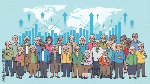 Diverse group of elderly people standing together representing aging population.