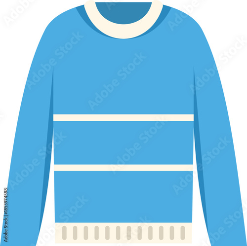 Warm blue sweater with white stripes and ribbing, perfect for cold weather, symbolizing cozy winter fashion