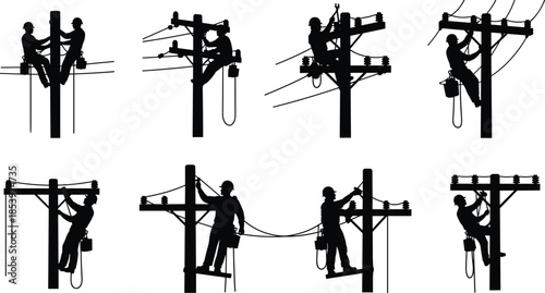 Electrician worker silhouette collection, power line maintenance poses, electrical utility service illustrations, black vector icons isolated white background