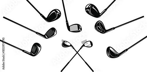 Golf club silhouette set, iron club heads arrangement, crossed golf clubs icons, black vector sports equipment illustrations isolated background