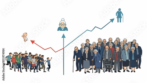 Aging population growth and demographic shift illustration.