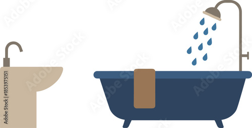 Modern minimalist bathtub and sink vector illustration for bathroom interior design home renovation plumbing services and domestic hygiene graphic design elements.