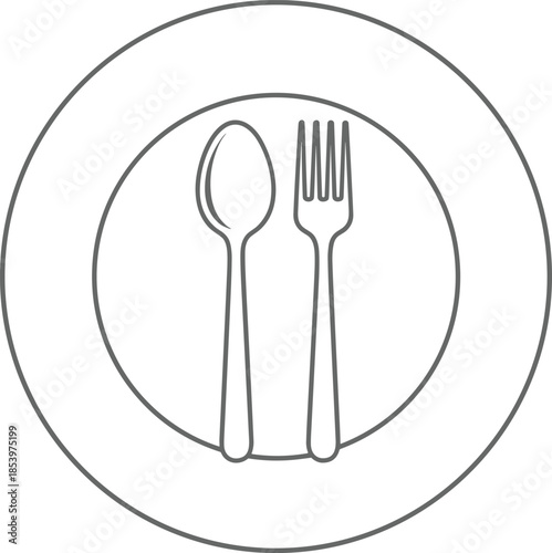 Modern minimalist plate with spoon and fork line art vector icon for restaurant branding catering culinary blog and dining etiquette design.