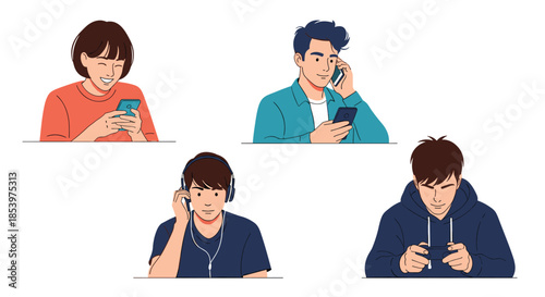 Group of diverse people using smartphones for calling, messaging, gaming, and listening to music in daily life.