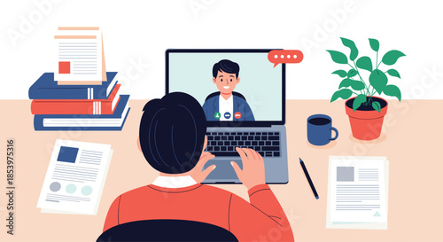 Person working from home at a desk and participating in an online video conference via laptop with books and plants.