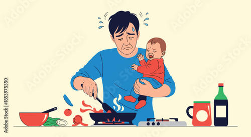 Stressed father trying to cook dinner while holding a crying baby in a busy kitchen environment during daily routine.