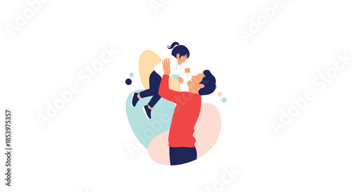 Happy father lifting his young daughter high in the air while playing together in a joyful family moment.