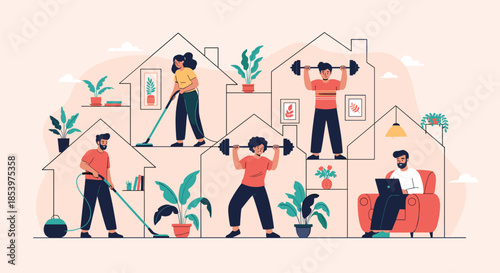 Diverse people staying active at home by exercising, cleaning, and working on a laptop in their individual houses.