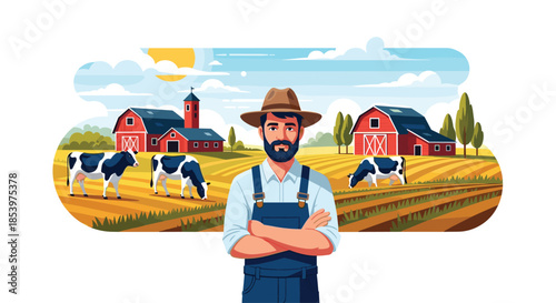 Confident male farmer standing with arms crossed in front of a rural landscape featuring a barn, green fields, and several grazing dairy cows.