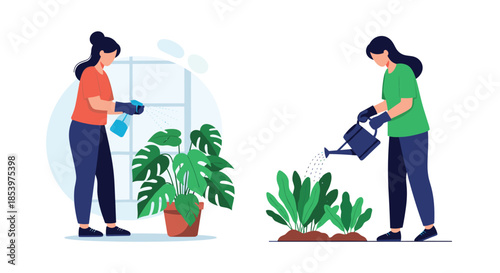 Two women taking care of indoor and outdoor plants by spraying water and using a watering can to promote healthy growth and garden maintenance.