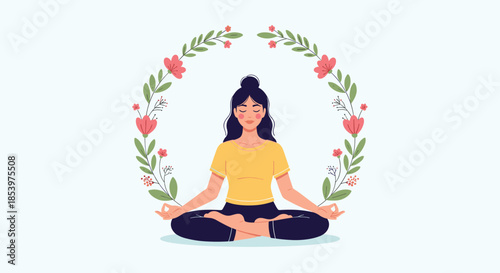 Calm woman meditating in a lotus position with eyes closed inside a circular wreath of green leaves and pink flowers for mental wellness.