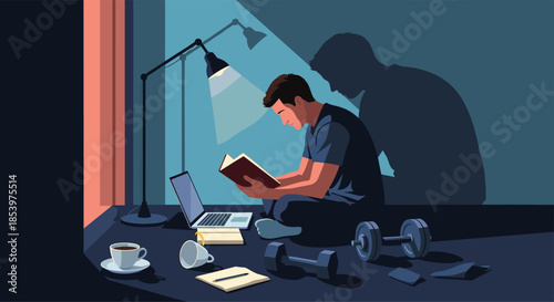 Motivated student studying hard late at night with a laptop and books surrounded by coffee and exercise equipment in a dimly lit room.