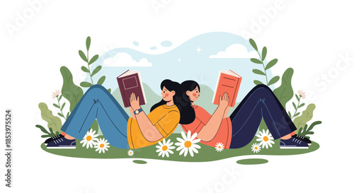 Two young girls sitting back to back on green grass and reading books in a flowery field on a bright sunny day.