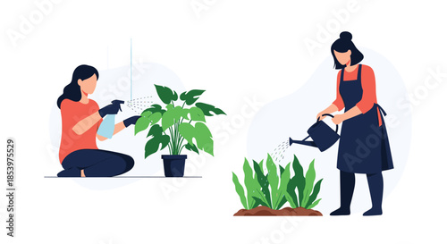 Two women collaborating on gardening tasks by watering and spraying various green plants to ensure their healthy development and growth.