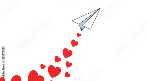 White paper plane flying upwards and leaving a trail of red hearts symbolizing love, message, and communication.