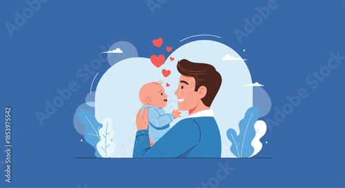 Loving father holding his happy baby close as red hearts float above them symbolizing parent and child bonding.