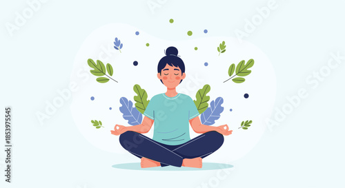 Calm woman sitting in a lotus position and meditating in a peaceful environment surrounded by floating leaves.