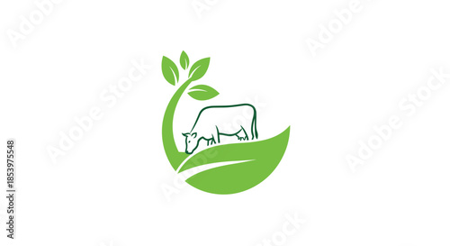 Minimalist logo design featuring a cow grazing on a large green leaf symbolizing organic dairy and eco-friendly farming.