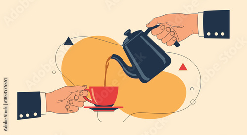 Professional hand pouring hot coffee from a black pot into a red cup held by another hand against an abstract background.