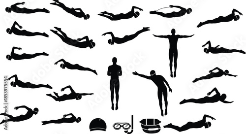 Swimming human silhouette collection, black swimmer poses set, aquatic sport icons, freestyle backstroke butterfly training illustrations isolated background