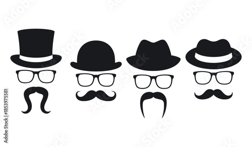 Four different hats with glasses and mustache
