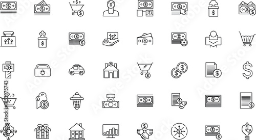 Finance and shopping icon set in outline style featuring money, payments, banking, ecommerce, wallet, cart, salary, savings, and financial service symbols
