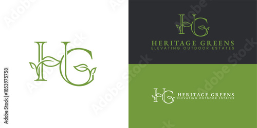 A stylish green HG monogram is adorned with leaf accents. This modern design represents a luxury lawn maintenance company that specializes in year-round care for high-end estates.