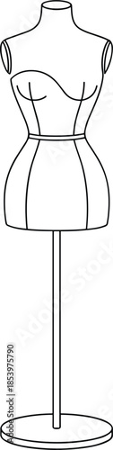 Modern minimalist female mannequin dress form line art vector illustration for fashion design tailoring sewing studio and boutique retail display elements.