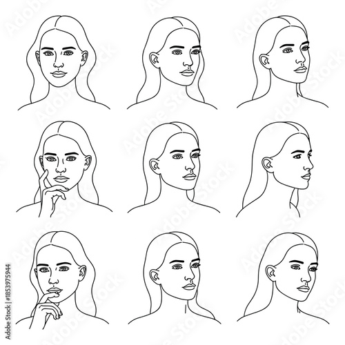 Different facial expressions of a woman in line drawing woman, facial expression, line drawing, emotion