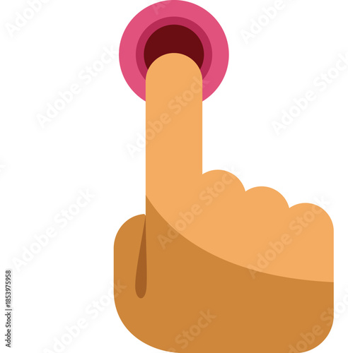 Hand pressing a pink button with index finger, activating a virtual icon