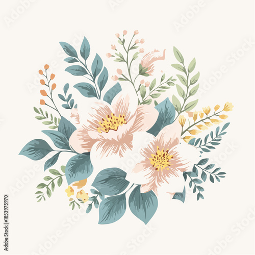 Elegant floral arrangement with delicate blossoms and lush foliage in soft pastel hues, perfect for celebratory occasions and decor