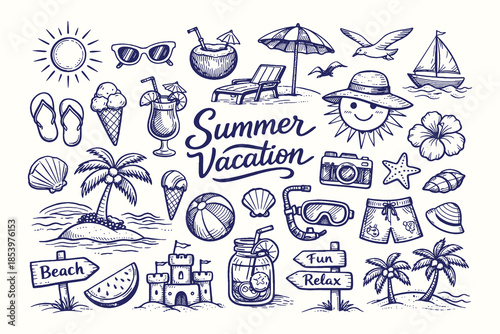 Fun and Vibrant Summer Vacation Icon Set Featuring Detailed Hand Drawn Doodle Style Vector Illustrations for Beach Holiday and Tropical Island Themes.