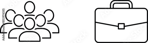 Modern minimalist business teamwork line art vector icons featuring professional group and briefcase for human resources corporate branding and management.